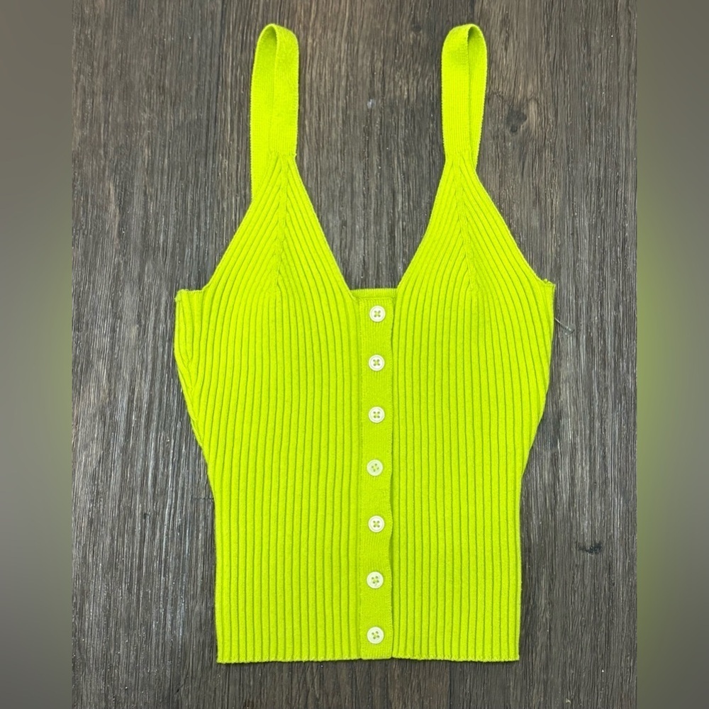 Aerie Neon Ribbed Button Front Tank Top Lime Green Size Small